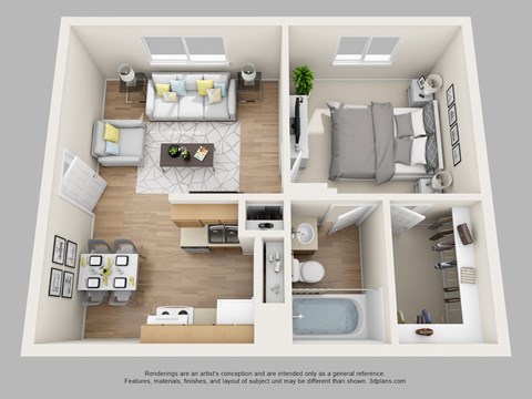 Floor plan for 1 bed, 1 bath, 585 sqft